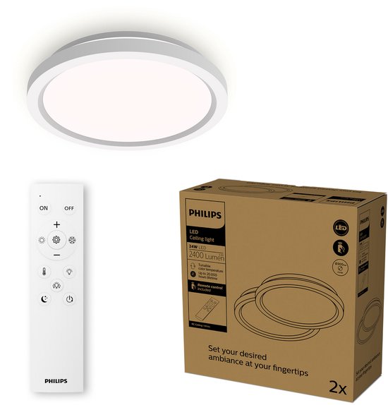 Plafonnier tout-en-un Philips - Lot de 2 - Avec télécommande - 24 W - Éclairage LED - Lumière blanche chaude à froide ; 2 700 K à 6 500 K - 30 cm - Blanc - Rond