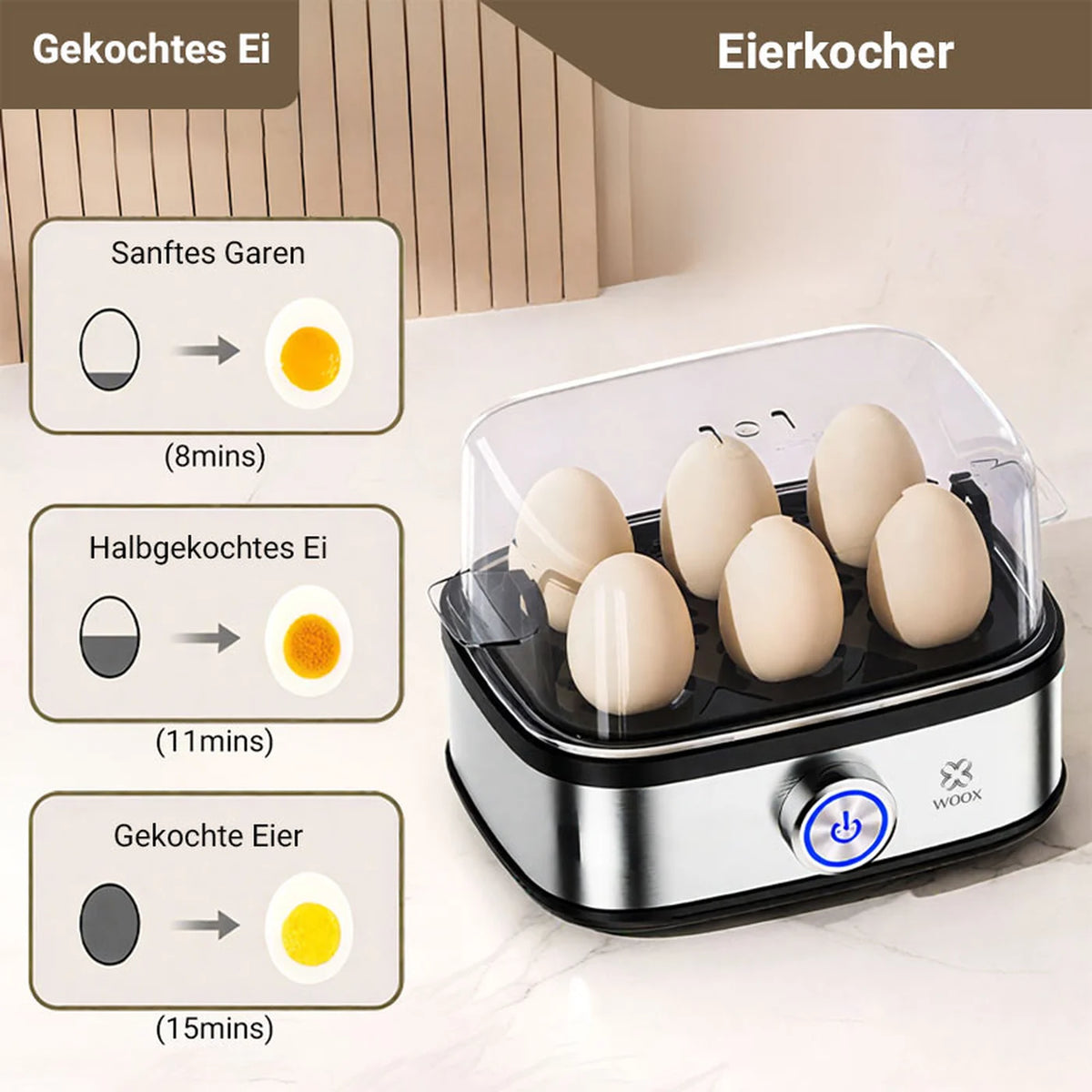Cuiseur à œufs électrique WOOX - 6 œufs - 300 W - Arrêt automatique - Avec gobelet doseur - Acier inoxydable