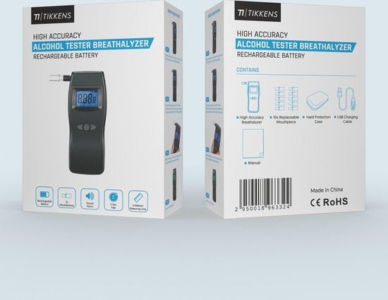 TIKKENS® Ethylotest numérique - Convient pour la France, les Pays-Bas, la Belgique, ... - Ethylotest - USB Rechargeable - Ethylotest - 10 embouts supplémentaires - Noir