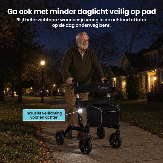 Rollator TrueSafe léger et pliable (6,9 kg) - Pour l'intérieur et l'extérieur - Avec coussin d'assise ergonomique, éclairage, dossier, support pour canne et bien plus encore - Noir