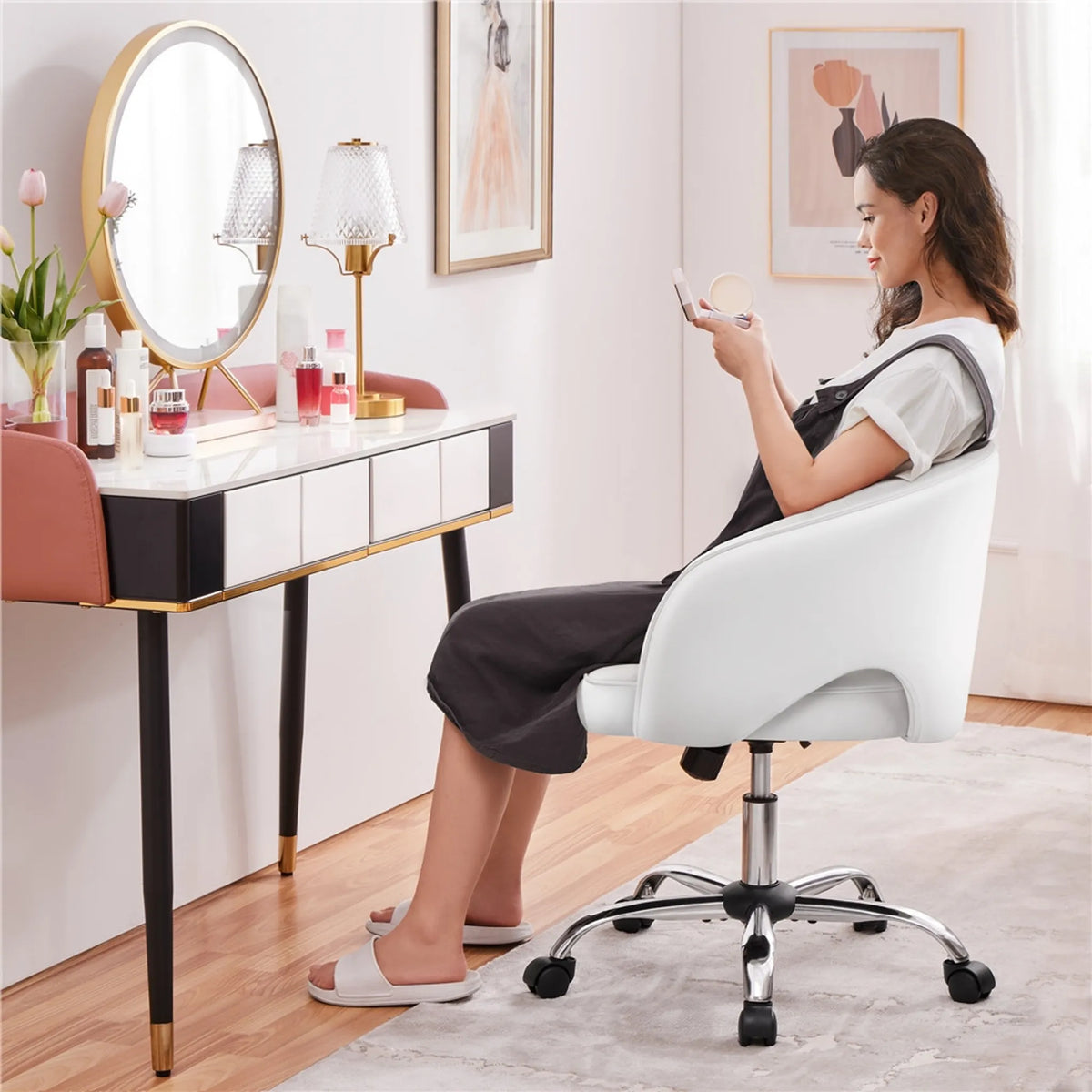 Yaheetech : élégante chaise de bureau à motif vertical, 73-83 cm – Blanche – Polyester et métal