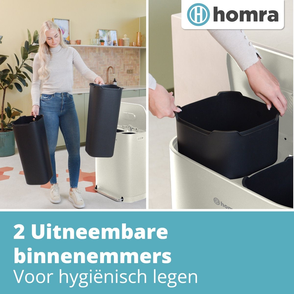 Poubelle Homra Rockx 60 Litres - Duo Poubelle à Pédale 2 x 30L avec Filtre à Odeurs - Poubelle de Tri en Inox à 2 Compartiments - Poubelle de Recyclage - Poubelle de Cuisine pour le Tri des Déchets - Double Poubelle Blanc Crème