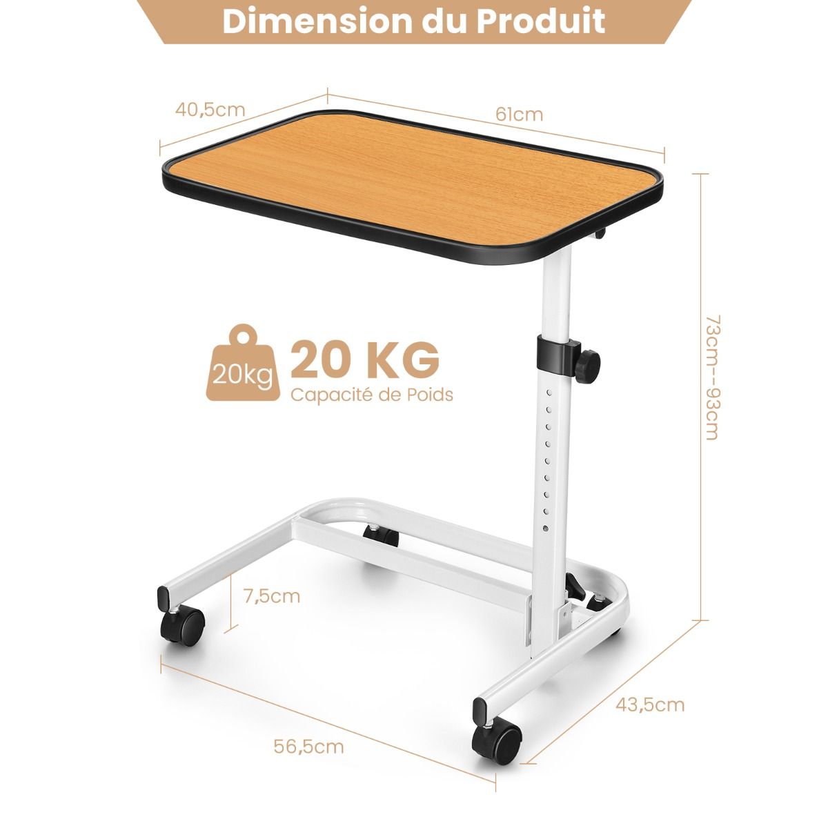 Table de lit Coast avec plateau inclinable - roulettes verrouillables - réglable - 61x43.5x73-93 cm