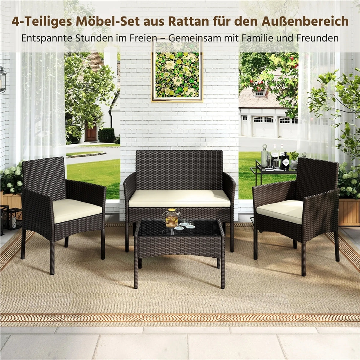 Ensemble de salon en polyrotin Yaheetech, 4 pièces - Canapé 2 places et 2 fauteuils avec table en verre - 100 x 59,5 cm - Marron avec coussins beiges