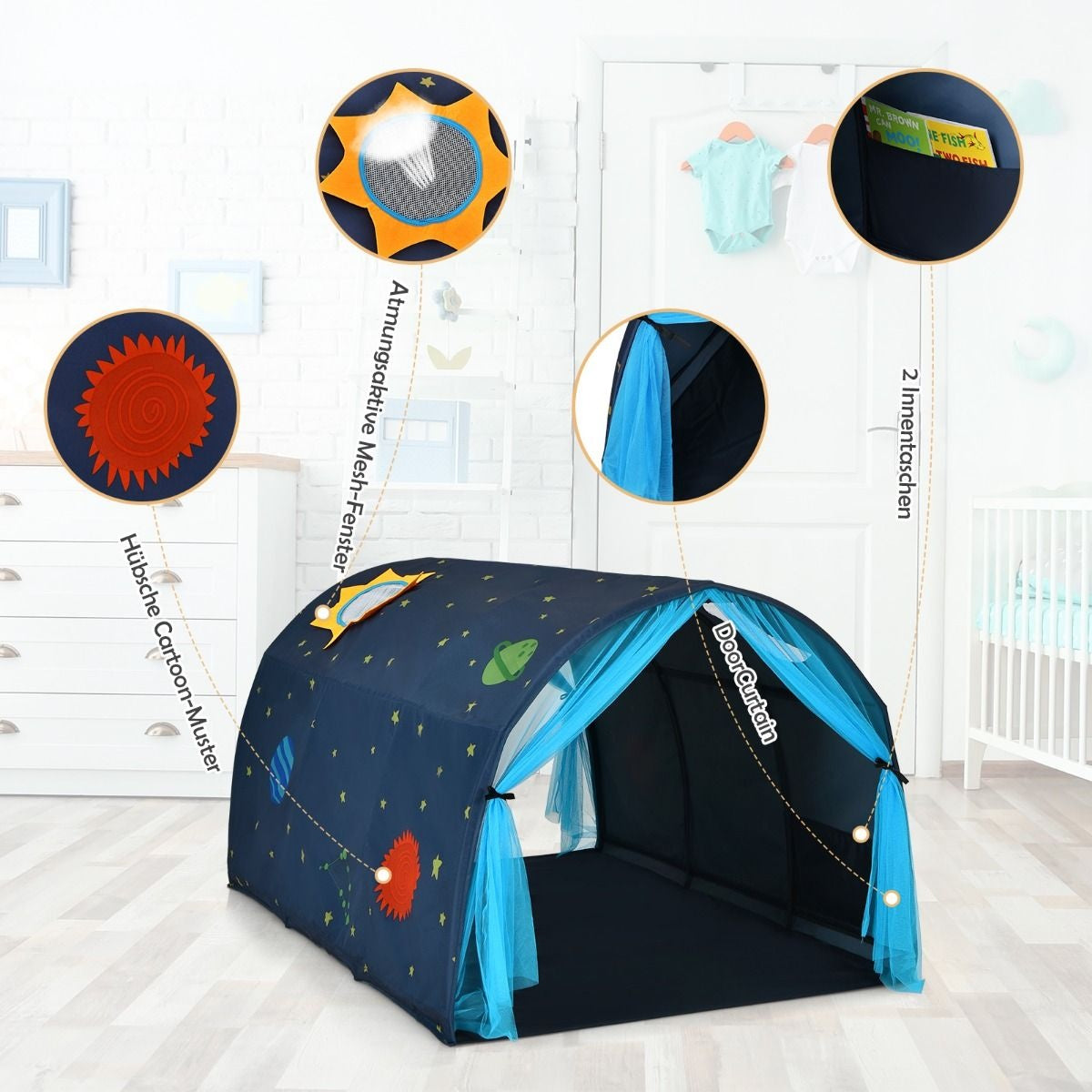 Coast Cot Princesse Maison de jeu pour enfants Princesse Tente pour enfants avec fenêtre, sac et rideau Bleu