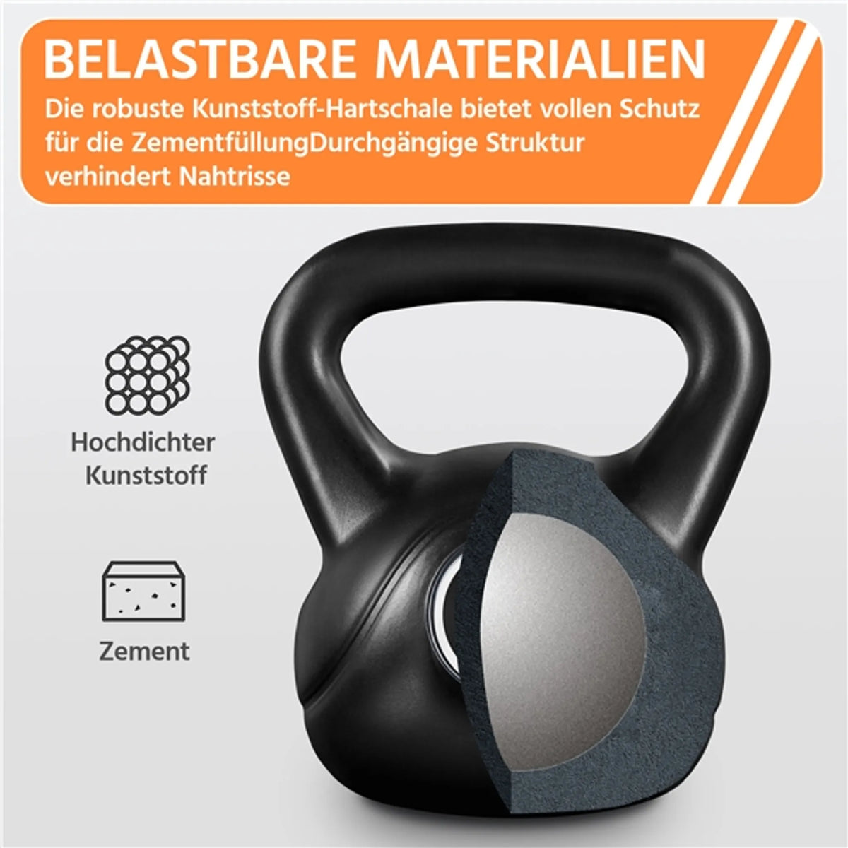 Yaheetech Kettlebell 8 kg - Poignée large, base plate et design anti-roulement - Pour la musculation et la gym à domicile - Plastique noir et béton - 22.5 x 19.5 x 26 cm