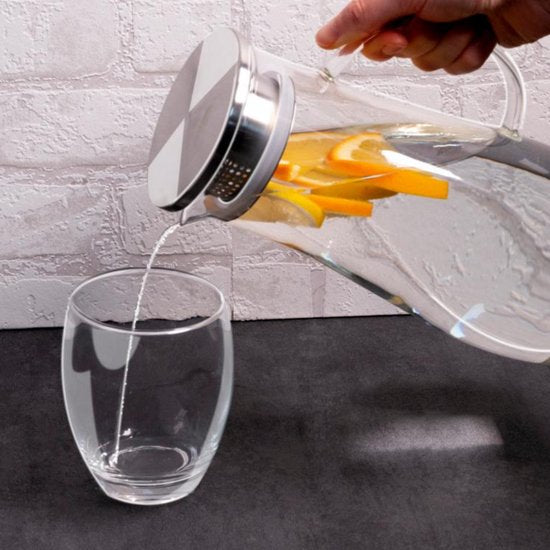 Pichet en verre Alpina 1,4 L - Pichet avec couvercle et filtre en acier inoxydable - Carafe en verre borosilicaté - Pichet transparent pour boissons froides et chaudes