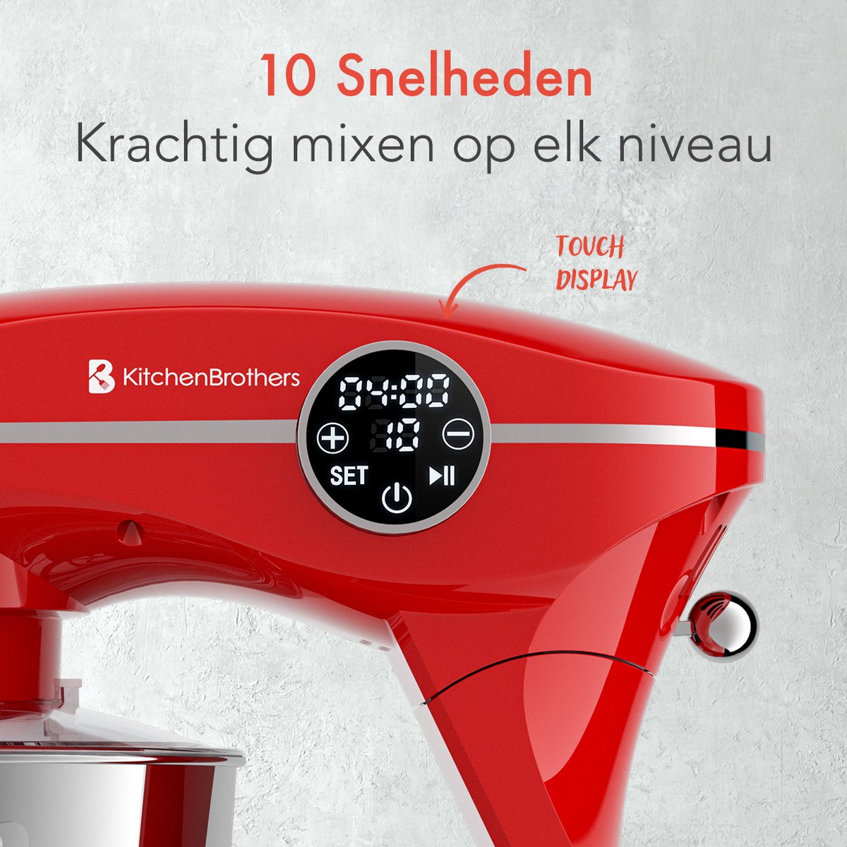 KitchenBrothers Robot de cuisine - Affichage tactile et minuterie - Robot de cuisine - 6L - 1800W - Aluminium - Rouge