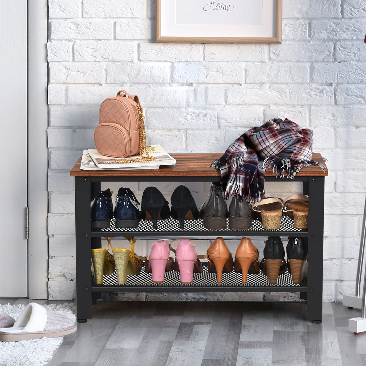 Coast Banc à chaussures avec étagère à chaussures - 2 niveaux de rangement - assise - noir - 73 x 30 x 45 cm