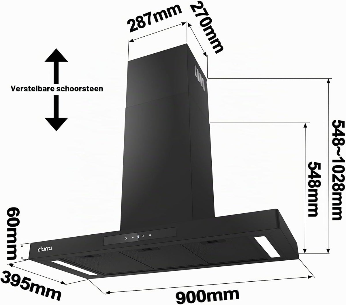 Hotte aspirante Ciarra CBCB9102-P - 90 cm - Noir - Wi-Fi et commandes tactiles