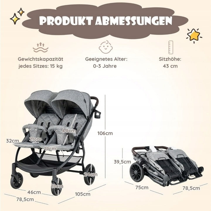 Coast Poussette double - Max 15 kg par siège - 0-3 ans - Gris