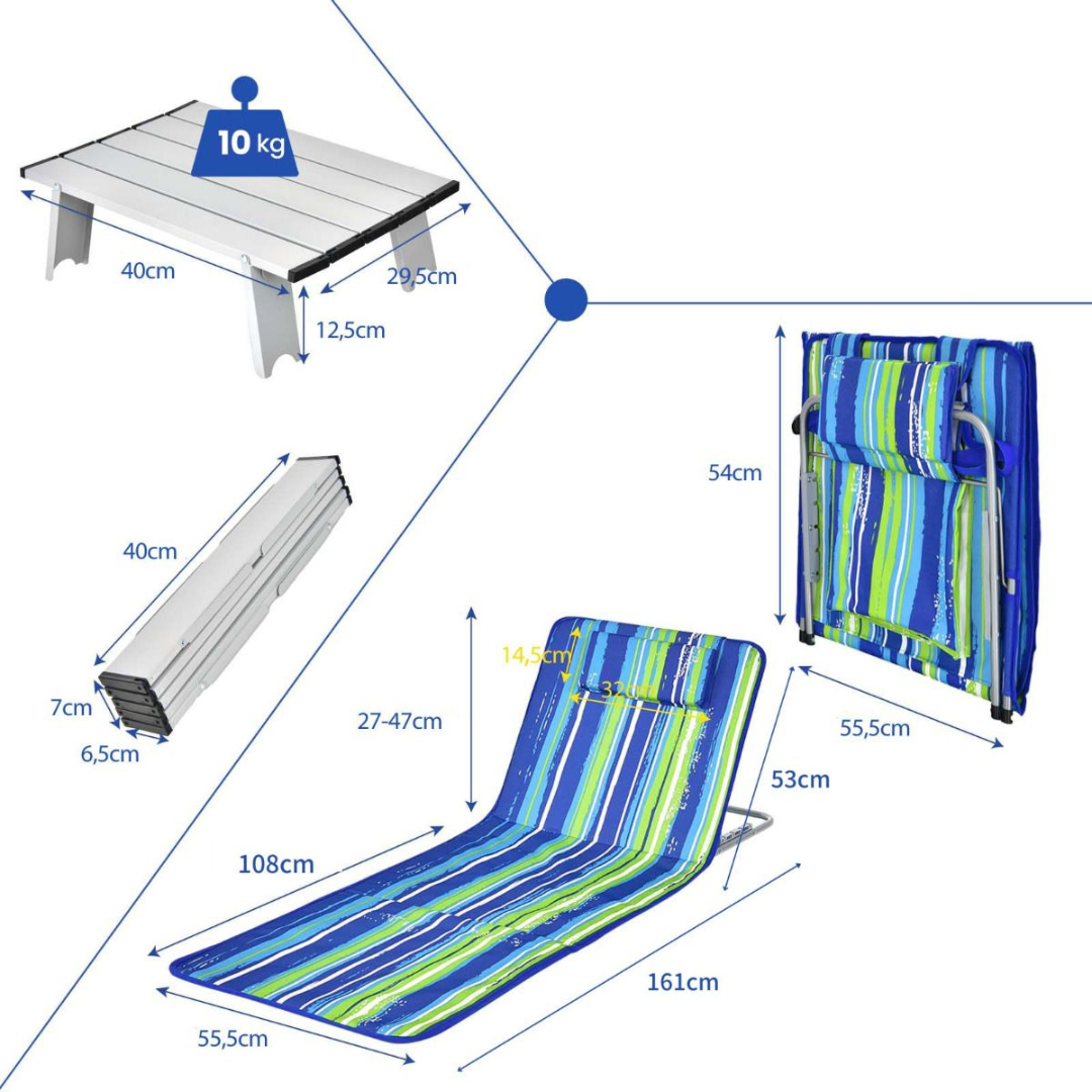 Tapis de plage Coast (2 pièces) avec table d'appoint - 151 x 56 x 27 cm - Vert / Bleu