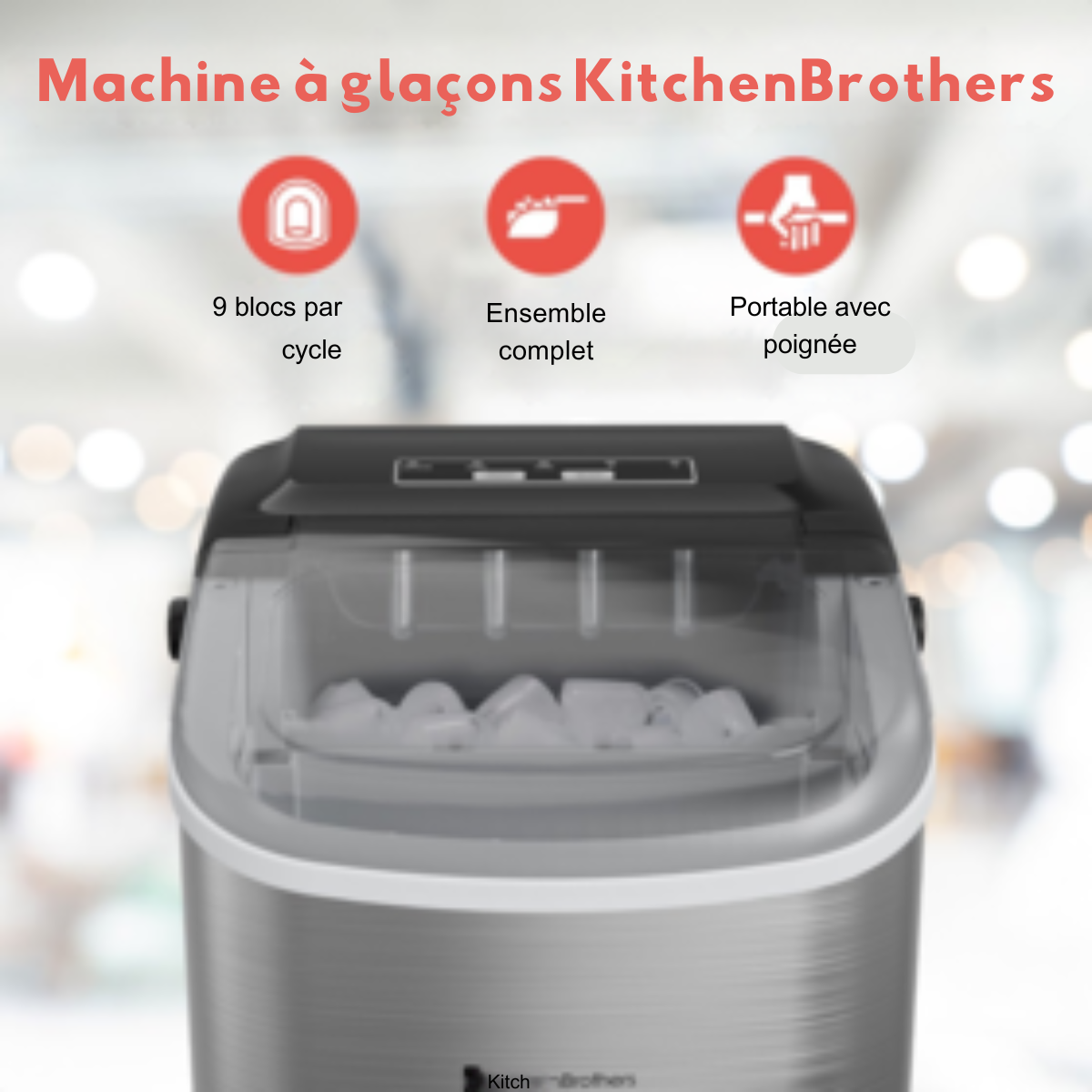 Machine à glaçons - KitchenBrothers - 1.2L - réglable sur deux tailles- acier inoxydable