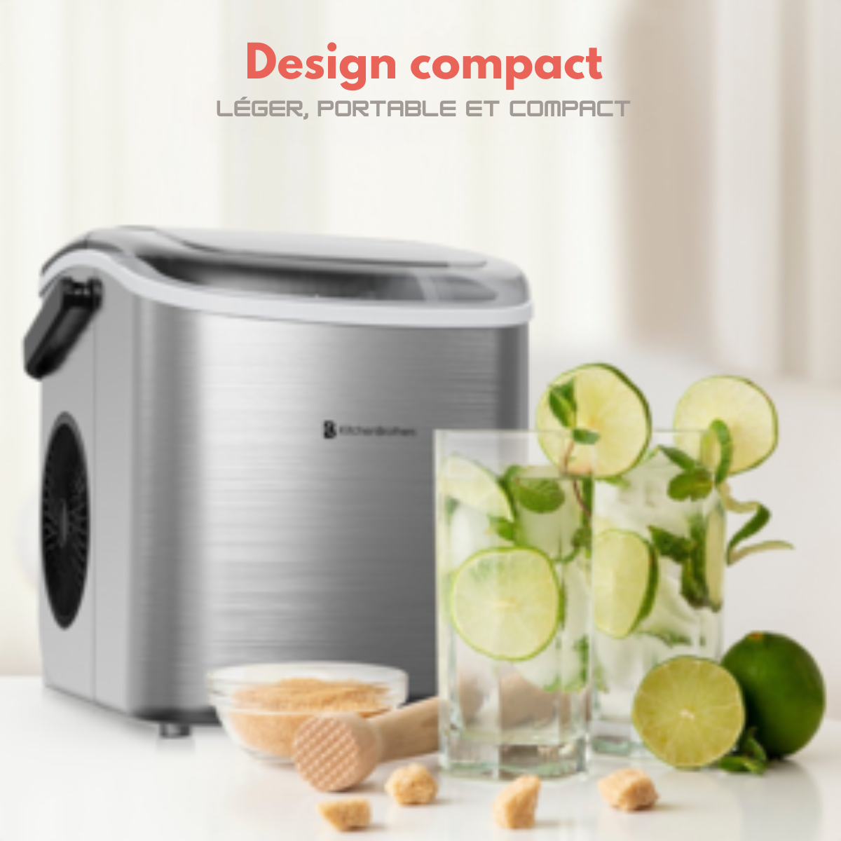 Machine à glaçons - KitchenBrothers - 1.2L - réglable sur deux tailles- acier inoxydable
