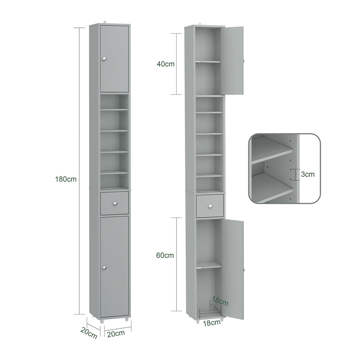 SoBuy BZR34-II-HG Meuble de salle de bain haut - Meuble de salle de bain étroit à poser - MDF résistant à l'eau - 20x20x180 cm - Gris