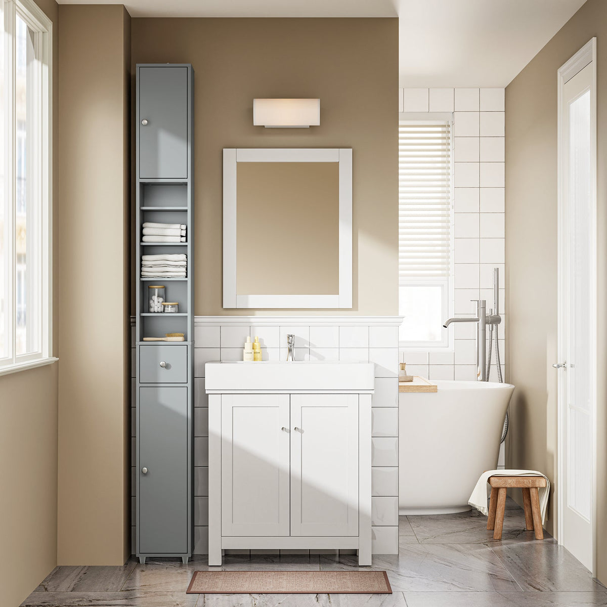 SoBuy BZR34-II-HG Meuble de salle de bain haut - Meuble de salle de bain étroit à poser - MDF résistant à l'eau - 20x20x180 cm - Gris