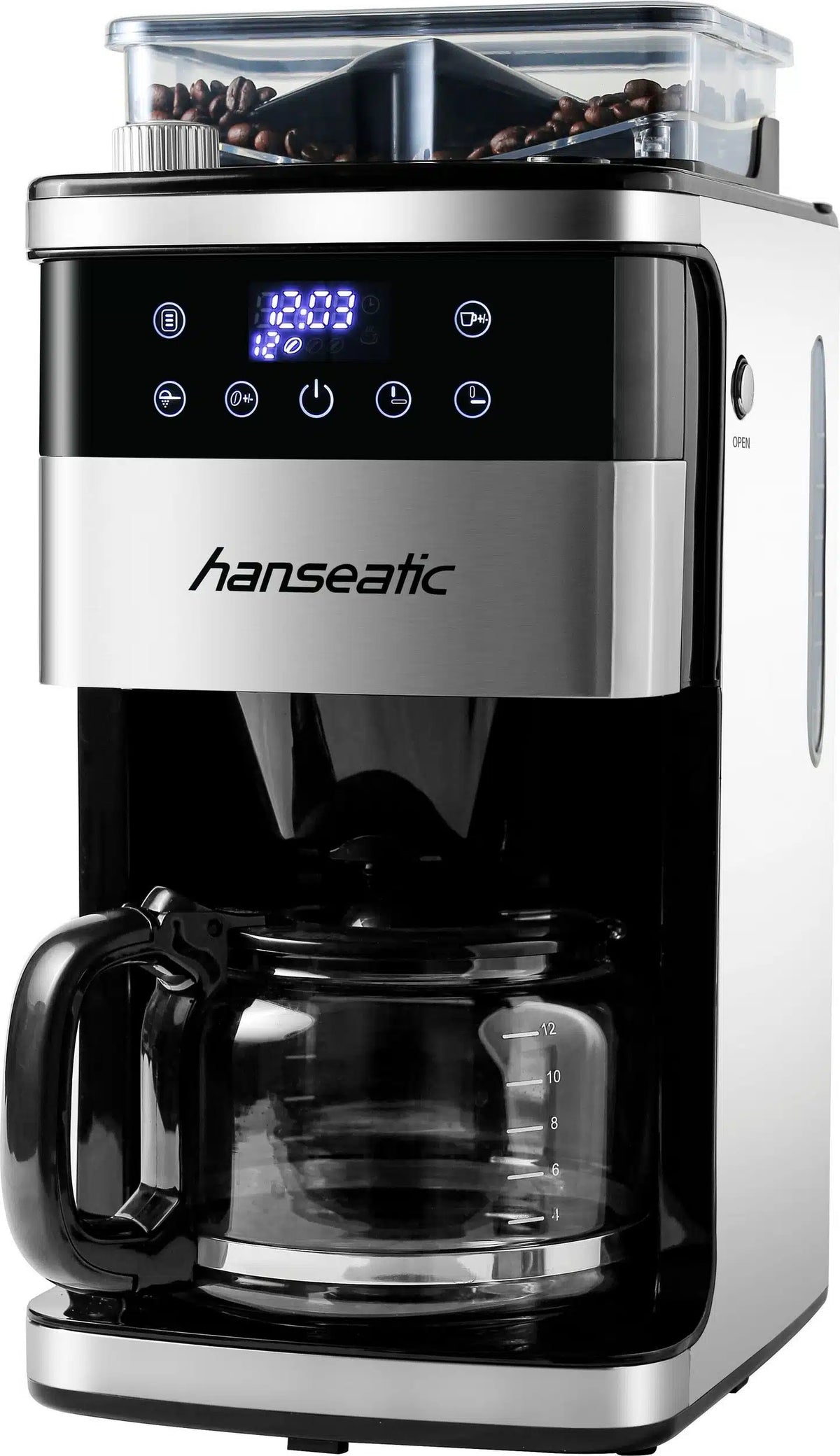 Hanseatic - Cafetière avec moulin à café intégré - 1,5 litre et 1000 watts - avec affichage numérique et minuterie - pour café en grains et café moulu - acier inoxydable argenté et plastique