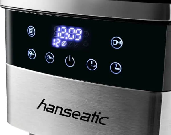 Hanseatic - Cafetière avec moulin à café intégré - 1,5 litre et 1000 watts - avec affichage numérique et minuterie - pour café en grains et café moulu - acier inoxydable argenté et plastique