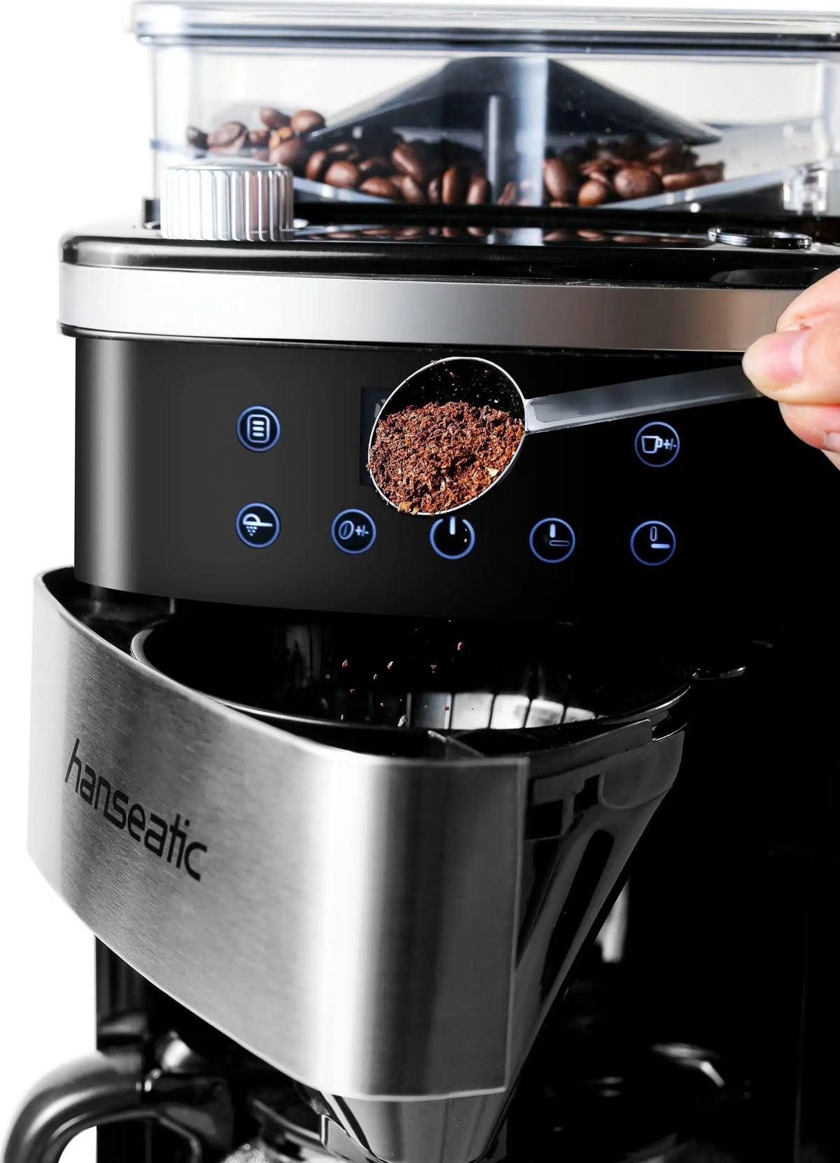 Hanseatic - Cafetière avec moulin à café intégré - 1,5 litre et 1000 watts - avec affichage numérique et minuterie - pour café en grains et café moulu - acier inoxydable argenté et plastique
