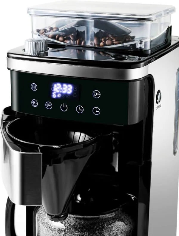 Hanseatic - Cafetière avec moulin à café intégré - 1,5 litre et 1000 watts - avec affichage numérique et minuterie - pour café en grains et café moulu - acier inoxydable argenté et plastique