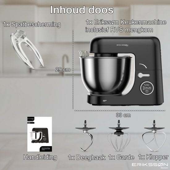 Robot de cuisine Erikssøn - 8 vitesses avec minuterie - 5L avec bol de mixage - 1400W - Robot de cuisine - Mixeur de cuisine - Robot de cuisine - Noir