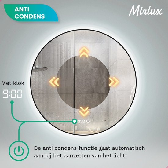 Mirlux Miroir de salle de bain avec éclairage LED et chauffage - Miroir mural rond - Miroir de douche anti-condensation - Noir mat - 100CM