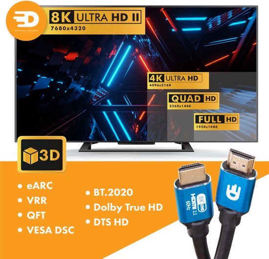 Drivv. Câble HDMI Premium 2.1 - Ultra HD High Speed 8K - 4K 120hz - Convient à Xbox Series X & PS5 - 5 mètres - Bleu