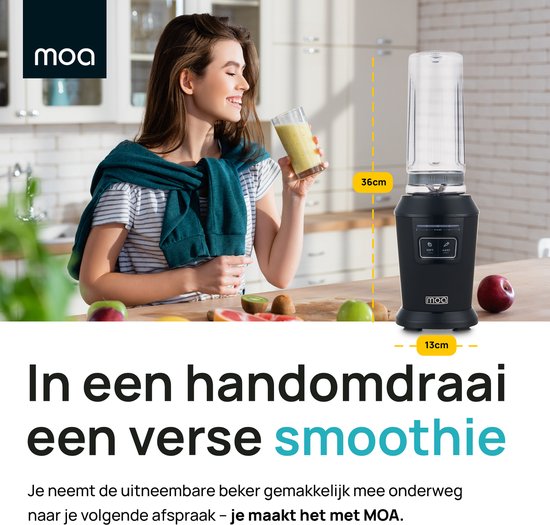 MOA Blender - Smoothie Maker avec 2 gobelets en Tritan de 600ml - Mini Blender To Go - 800W - acier inoxydable - Noir