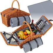 tectake® Set complet de paniers de pique-nique Vlieland - Set de luxe de 23 pièces pour 4 personnes - Panier de pique-nique en osier avec tapis de pique-nique - Comprend une glacière, des assiettes, des verres à vin en plastique et des couverts en acier i