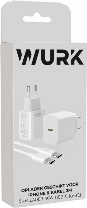 Wurk - Chargeur super rapide pour Apple iPhone, iPad et Airpods - Chargeur 40W - Câble USB C de 2 mètres - Chargeur adapté aux 15/16 plus/pro