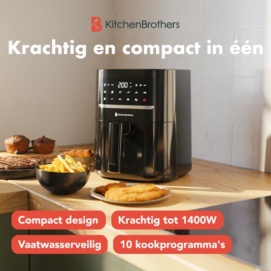 Airfryer - KitchenBrothers - 3.3L - 1400W - Friteuse à air chaud - 50ºC à 200ºC - Compacte - 10 Programmes de cuisson - Noir