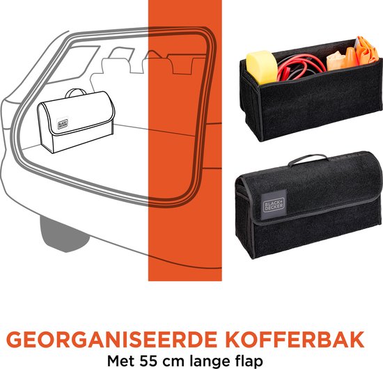 BLACK+DECKER Trunk Organiser - Sac de coffre - 55 x 15 x 23 CM - 1 grand compartiment et 2 inserts - Shopping et accessoires de voiture - Avec Velcro - Noir