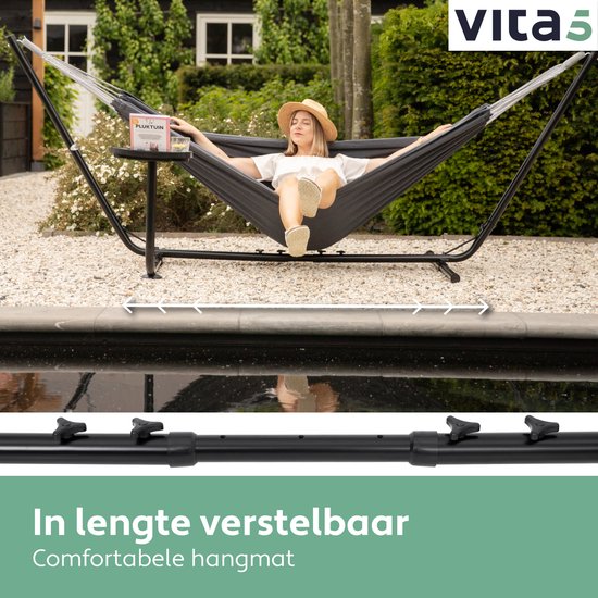 Vita5 Hamac avec support 2 personnes - Porte-gobelet inclus - Poids 205 kg - Gris foncé - Longueur ajustable - Sac de transport inclus