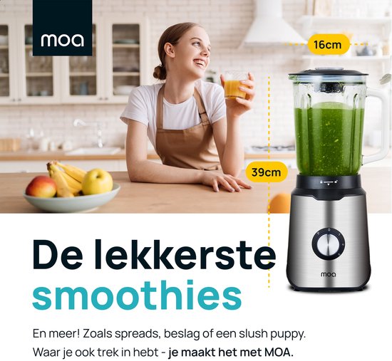 MOA Blender - Smoothie Maker avec gobelet en verre de 1.5L - Pour crème glacée, fruits congelés, noix - Mini - 1020W - Acier inoxydable - Argent