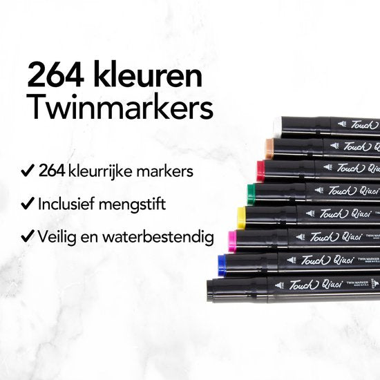 Brixy Twinmarkers 264 pièces - Marqueurs professionnels à alcool - pointe double face - marqueurs - sac de rangement avec support