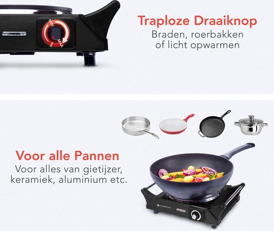 KitchenBrothers Table de cuisson électrique - 1 brûleur - 1500W - Noir