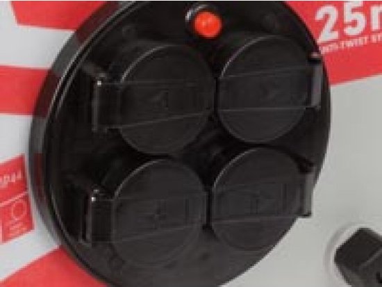 Perel Enrouleur de câble professionnel, utilisation intérieure et extérieure, résistant aux éclaboussures (IP44), 4 prises avec broche de terre, système anti-torsion, protection thermique, longueur de câble 25 m, 3G2.5, gris/noir