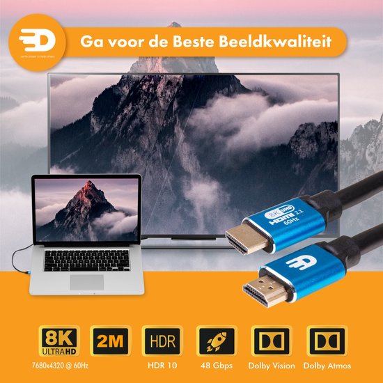 Drivv. Câble HDMI Premium 2.1 - Ultra HD High Speed 8K - 4K 120hz - Convient à Xbox Series X & PS5 - 5 mètres - Bleu