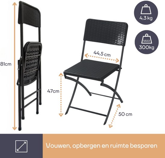 Perel Chaise pliante, pliable, utilisation intérieure et extérieure, résistante aux intempéries, aspect rotin, maximum 300 kg, noir, robuste, chaise d'extérieur, chaise de patio, mobilier de jardin, pliable et moderne, 44,5 x 50 x 81 cm