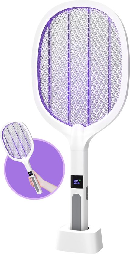 TTD® Premium Electric Fly Swatter and Mosquito Lamp Rechargeable with XXL 2 Meter Charging Cable and LCD Screen - 2 Stages Fly Swatter and Mosquito Lamp - 2500 Volts - Rechargeable via USB and Power Socket - With Safety Net - UV Light - Fly Catcher