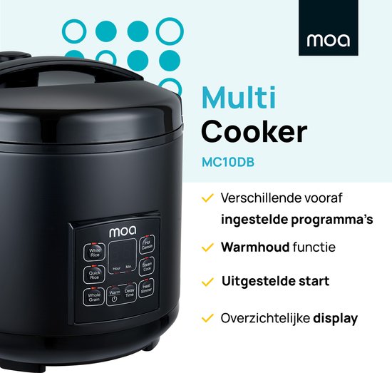 MOA Multicooker - 5L - Mijoteuse - Cuiseur de riz avec vapeur - Cuiseur vapeur - Fonction maintien au chaud - 700W - Noir