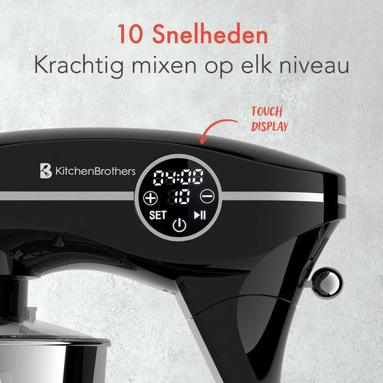 KitchenBrothers Robot de cuisine - Ecran tactile et minuteur - Robot de cuisine - 6.2L - 1800W - Mixeur de cuisine - Aluminium - Noir