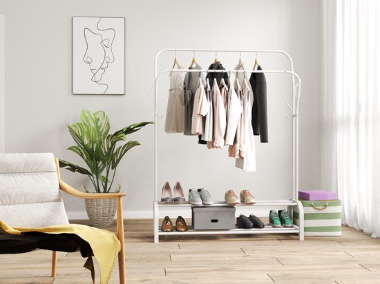 O'DADDY® Porte-vêtements en métal avec double porte-chaussures - porte-vêtements blanc - porte-vêtements - porte-vêtements double - tringle à vêtements - porte-armoire - Porte-vêtements double - 110 x 33 x (137-157) cm - jusqu'à 25 kg par tube