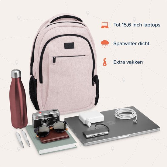 TRVLMORE Sac à dos - 28L - 15.6 Inch - Sac à dos pour ordinateur portable avec USB - Antivol - Homme et Femme - Sac Rose