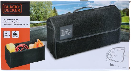 BLACK+DECKER Trunk Organiser - Sac de coffre - 55 x 15 x 23 CM - 1 grand compartiment et 2 inserts - Shopping et accessoires de voiture - Avec Velcro - Noir