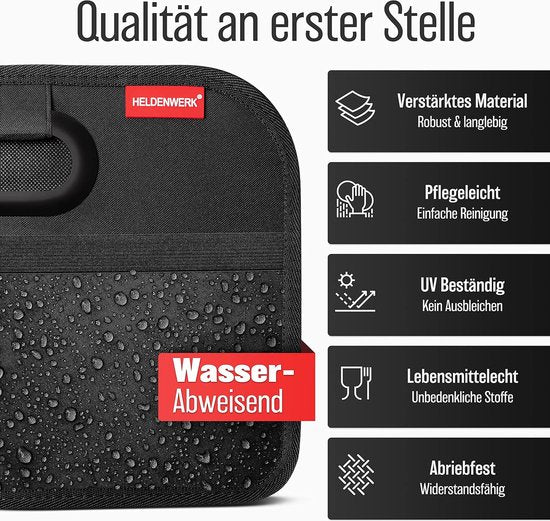 HELDENWERK Sac de coffre de voiture, pliable, renforcé et stable, organisateur de coffre, sac à provisions pour un rangement pratique, boîte pliante de voiture antidérapante, boîte de coffre (noir)