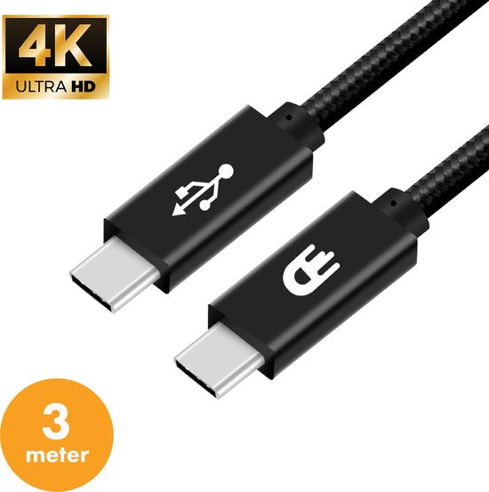 Drivv. Câble USB C vers USB C 3.2 - Chargeur rapide 100w - 3 mètres - 4K 60Hz - 20 Go - Convient à Samsung, Macbook, iPhone 15 et autres - Câble en nylon - Noir