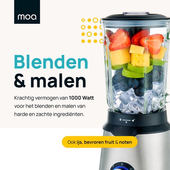 MOA Blender - Smoothie Maker avec gobelet en verre de 1.5L - Pour crème glacée, fruits congelés, noix - Mini - 1020W - Acier inoxydable - Argent