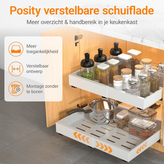 Posity Tiroir coulissant - Organisateur de meuble de cuisine - Organisateur de meuble/tiroir d'évier - tiroir intérieur de cuisine - Extensible et ajustable (32-52 cm) - Télescopique - Blanc