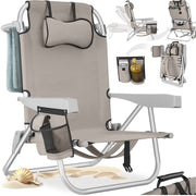 tectake® Beach Chair Coral - Chaise de camping pliable avec sac isotherme et sac de rangement - Dossier réglable en 5 sens avec coussin de tête - Accoudoirs larges avec porte-gobelet / porte-téléphone - Chaise de camping pliable - Beige